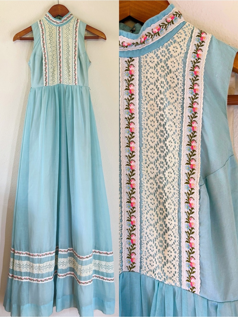 Vintage 70s Candi Jones Prairie Maxi Dress XXS Light Blue Lace Cottage Hippie